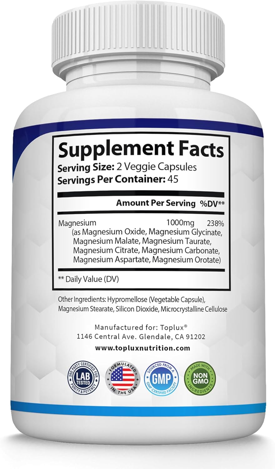 Unlock Your Body's Potential with Toplux Magnesium Complex - 8 Powerful Forms of Magnesium for Enhanced Absorption, Muscle Recovery, and Bone Support - 90 Vegan Capsules
