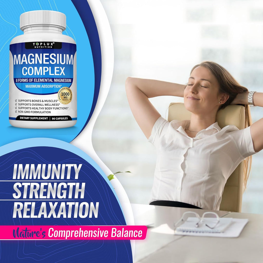 Unlock Your Body's Potential with Toplux Magnesium Complex - 8 Powerful Forms of Magnesium for Enhanced Absorption, Muscle Recovery, and Bone Support - 90 Vegan Capsules