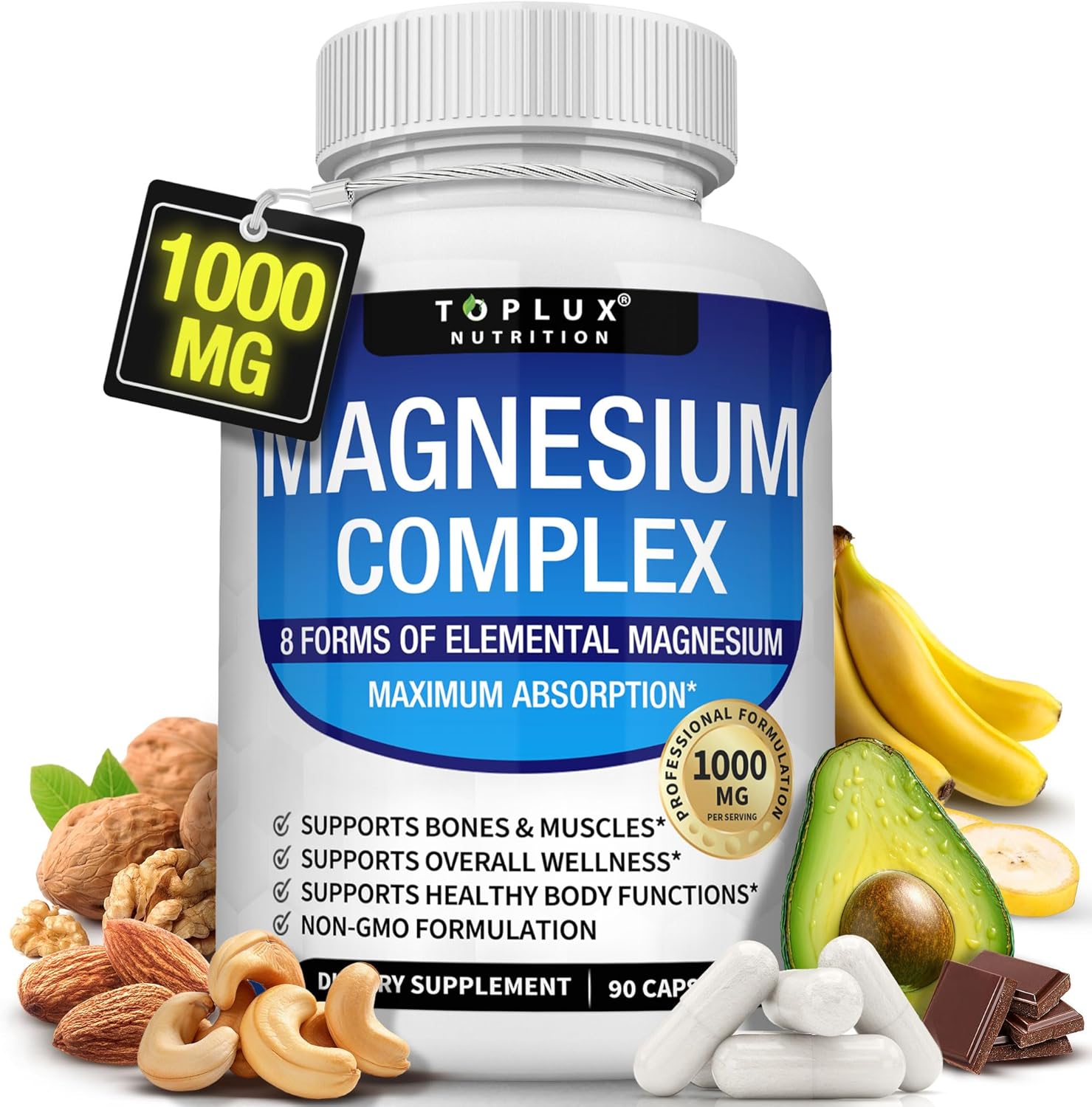 Unlock Your Body's Potential with Toplux Magnesium Complex - 8 Powerful Forms of Magnesium for Enhanced Absorption, Muscle Recovery, and Bone Support - 90 Vegan Capsules