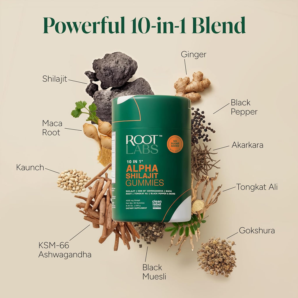 Unlock Your Vitality with 10-In-1 Alpha Shilajit Gummies | 4000 Mg Pure Himalayan Shilajit Blend with Maca, Tongkat Ali, and 75% Fulvic Acid | Sugar-Free Vegan Gummies Packed with 85+ Trace Minerals | 60 Count