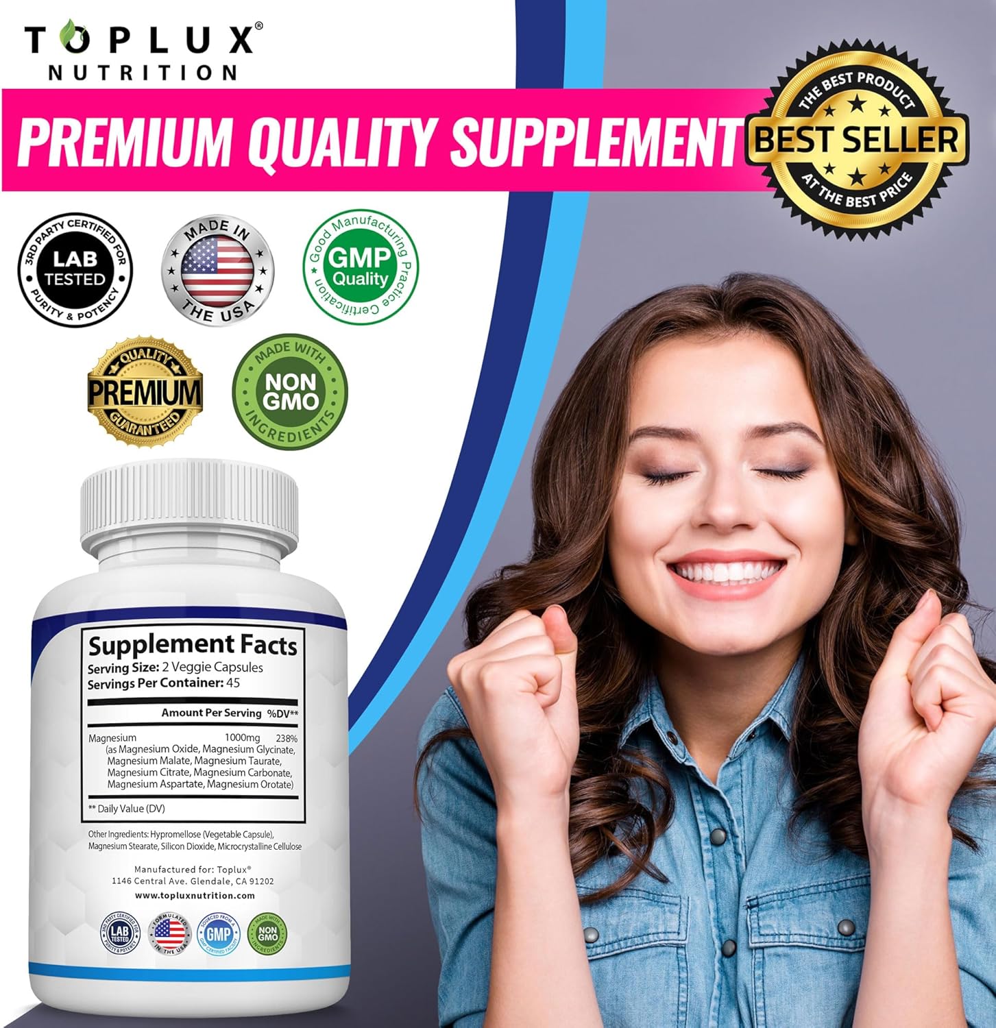 Unlock Your Body's Potential with Toplux Magnesium Complex - 8 Powerful Forms of Magnesium for Enhanced Absorption, Muscle Recovery, and Bone Support - 90 Vegan Capsules